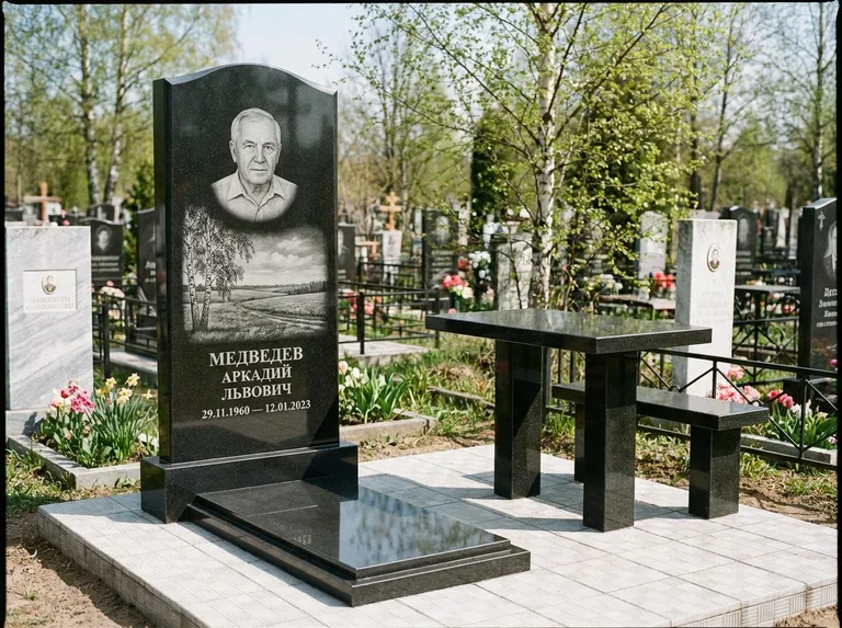 Памятник с гравировкой берёзы: стела с гранитным столиком и скамьёй — берёза у поля, простор до горизонта, семейный участок с плиткой, работа «Медведев» в Ханты-Мансийске