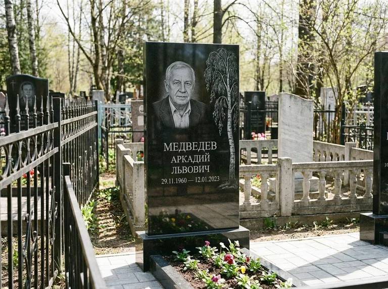 Памятник с гравировкой берёзы — гравировка плакучей берёзы с тонкими ветвями, работа «Медведев» в Ханты-Мансийске