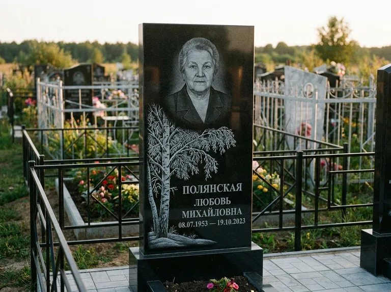 Памятник с гравировкой берёзы — гравировка зимней берёзы в инее, работа «Полянская» в Ханты-Мансийске
