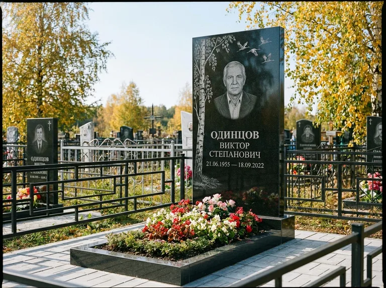 Памятник с гравировкой берёзы — гравировка берёзы с журавлиным клином в небе, работа «Одинцов» в Ханты-Мансийске