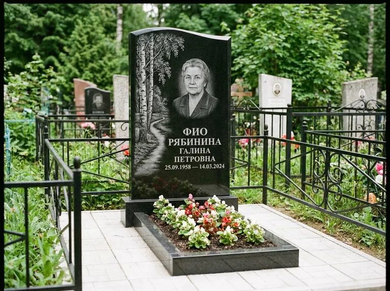 Памятник с гравировкой берёзы — гравировка берёзы у тропинки, уходящей вдаль, работа «Рябинина» в Ханты-Мансийске