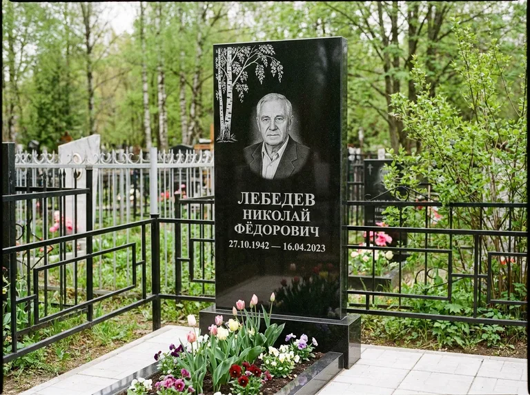 Памятник с гравировкой берёзы — гравировка одинокой берёзы над именем, работа «Лебедев» в Ханты-Мансийске