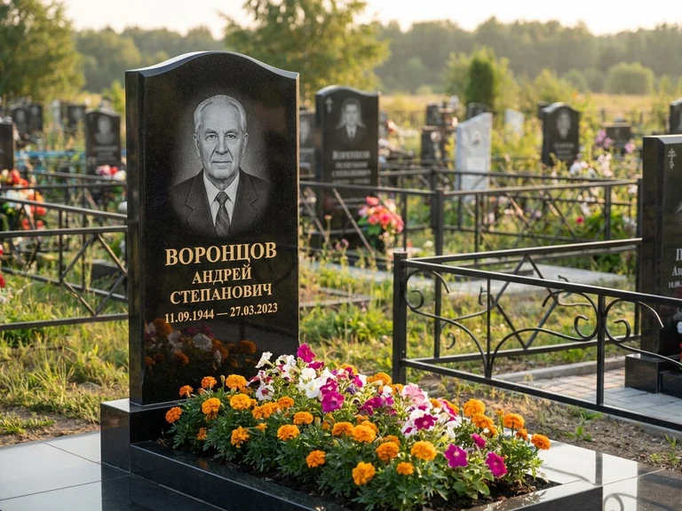 Гравировка фото на памятнике в Ханты-Мансийске — готовый гравированный портрет на чёрном граните
