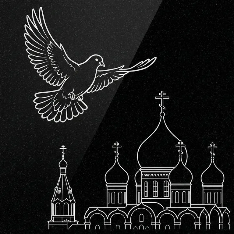Эскиз гравировки голубей на памятник — голубь в небе над храмом в Ханты-Мансийске