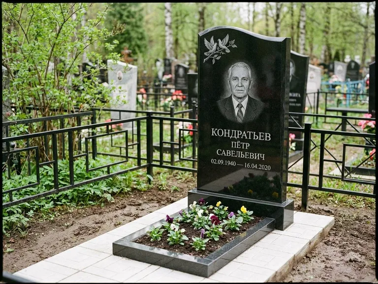 Памятник с гравировкой голубей — гравировка пары голубей на ветке в верхнем углу стелы, работа «Кондратьев» в Ханты-Мансийске
