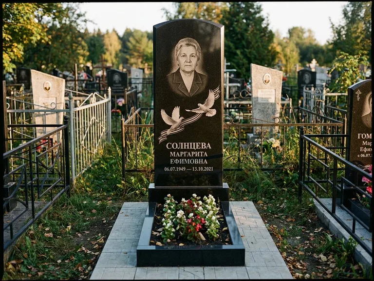 Памятник с гравировкой голубей — гравировка двух летящих голубей с лентой по диагонали стелы, работа «Солнцева» в Ханты-Мансийске