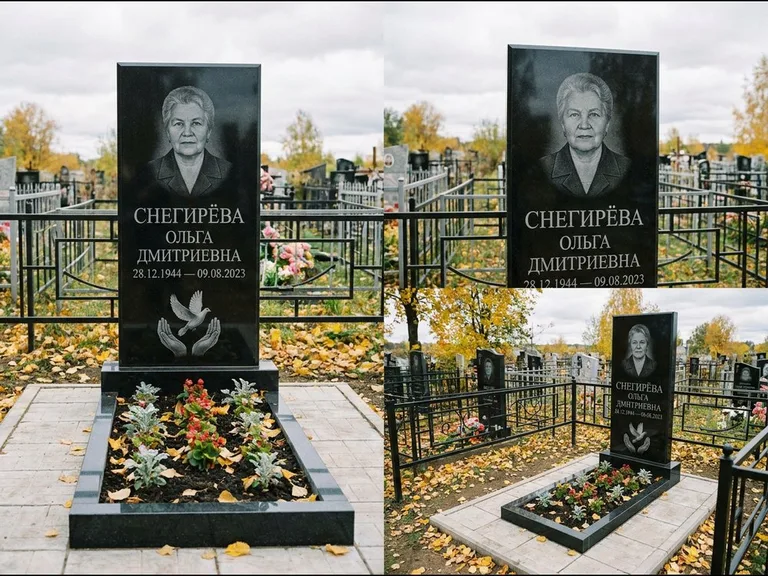 Памятник с гравировкой голубей — гравировка голубя над раскрытыми ладонями внизу стелы, работа «Снегирёва» в Ханты-Мансийске