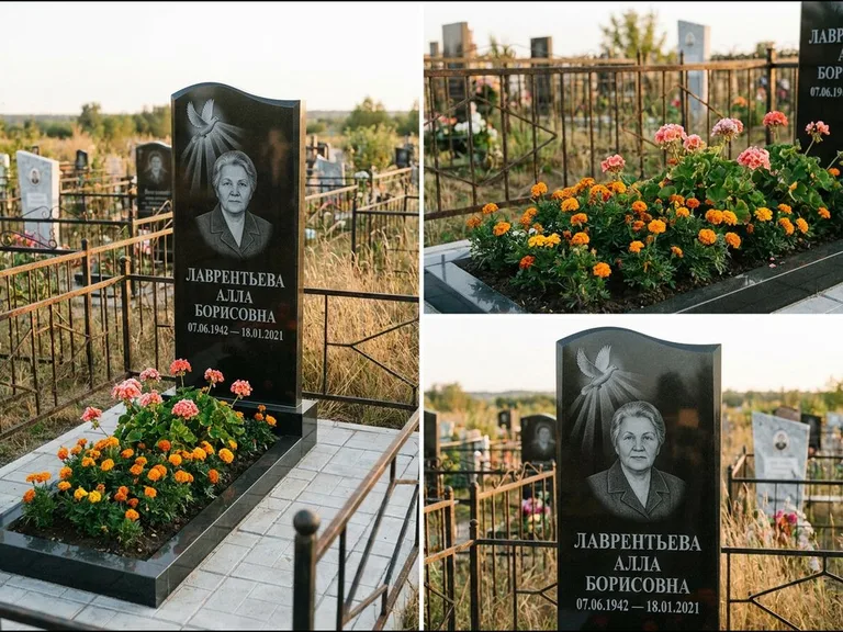 Памятник с гравировкой голубей — гравировка голубя в лучах света над портретом, работа «Лаврентьева» в Ханты-Мансийске