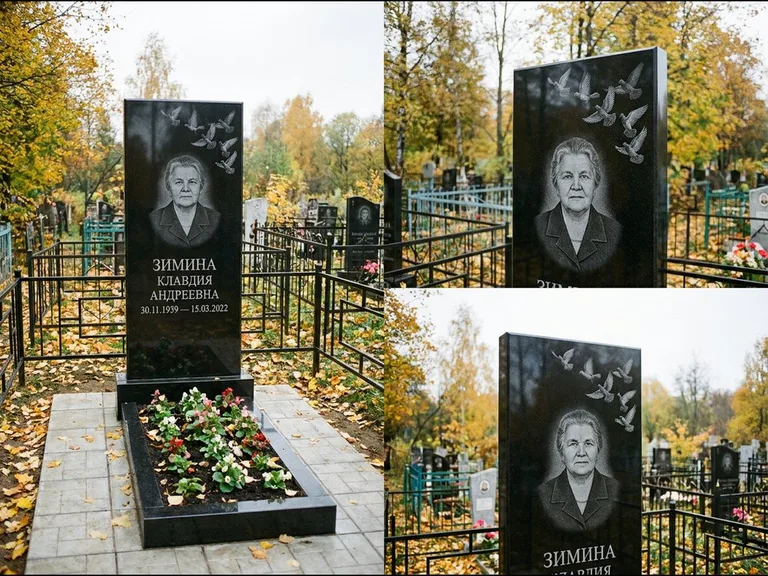 Памятник с гравировкой голубей — гравировка стаи голубей, взлетающей от угла стелы, работа «Зимина» в Ханты-Мансийске