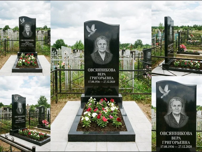 Памятник с гравировкой голубей — белая гравировка взлетающего голубя над портретом, работа «Овсянникова» в Ханты-Мансийске