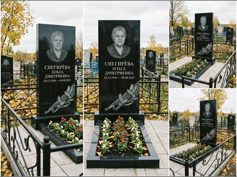 Памятник с гравировкой голубей — гравировка двух летящих голубей с лентой по диагонали стелы, работа «Снегирёва» в Ханты-Мансийске
