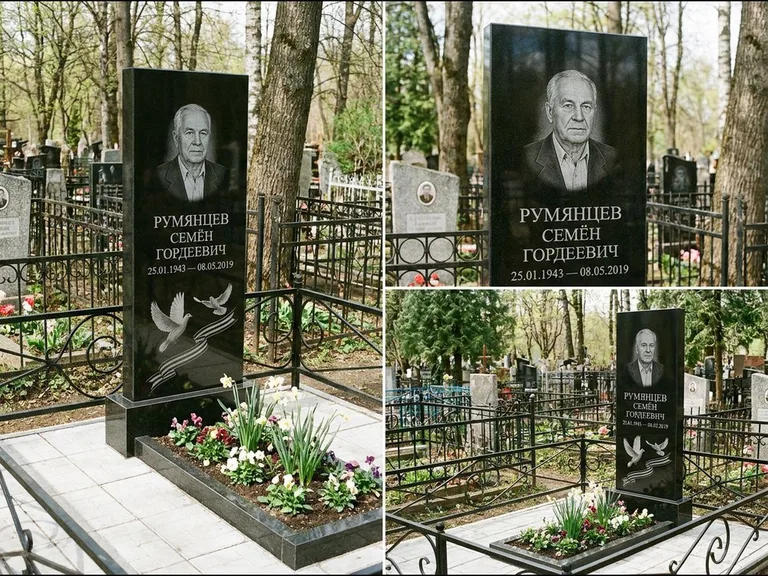 Памятник с гравировкой голубей — гравировка двух летящих голубей с лентой по диагонали стелы, работа «Румянцев» в Ханты-Мансийске
