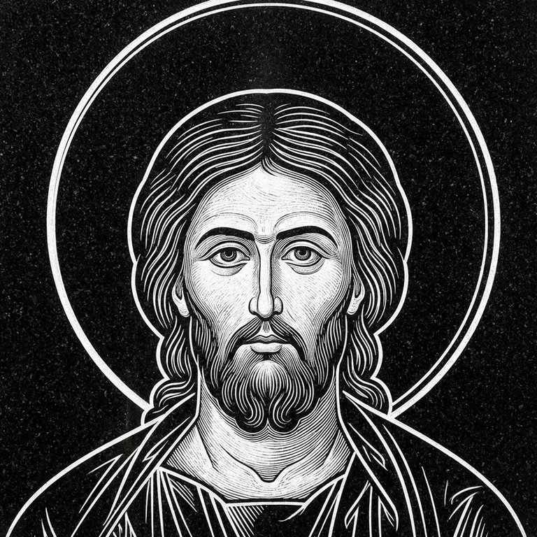 Эскиз иконы: Архангел Михаил — воинам и мужчинам, гравировка на памятник в Ханты-Мансийске
