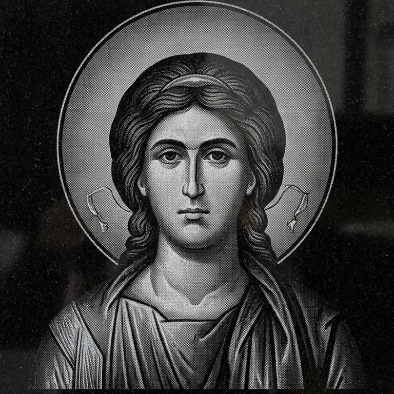 Эскиз иконы: Архангел Михаил (полутон) — образ архангела в полутонах, гравировка на памятник в Ханты-Мансийске