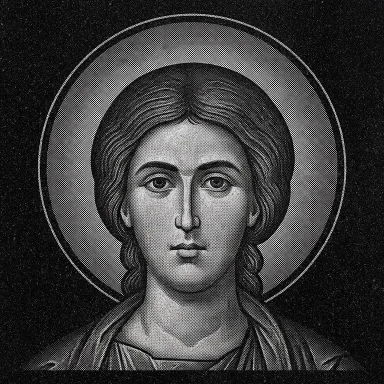 Эскиз иконы: Георгий Победоносец (полутон) — воинский образ, гравировка на памятник в Ханты-Мансийске
