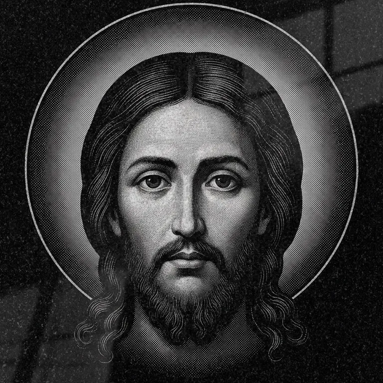 Эскиз иконы: Спас Нерукотворный (полутон) — детальный лик на убрусе, гравировка на памятник в Ханты-Мансийске