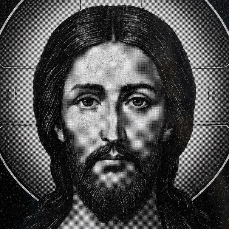 Эскиз иконы: Спас Вседержитель (полутон) — объёмный лик, светотень, гравировка на памятник в Ханты-Мансийске
