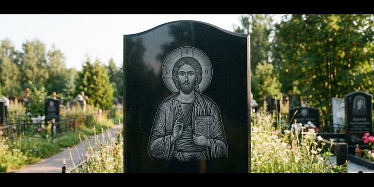 Иконы для гравировки на памятник в Ханты-Мансийске — образ на стеле из чёрного гранита с ручной доводкой лика