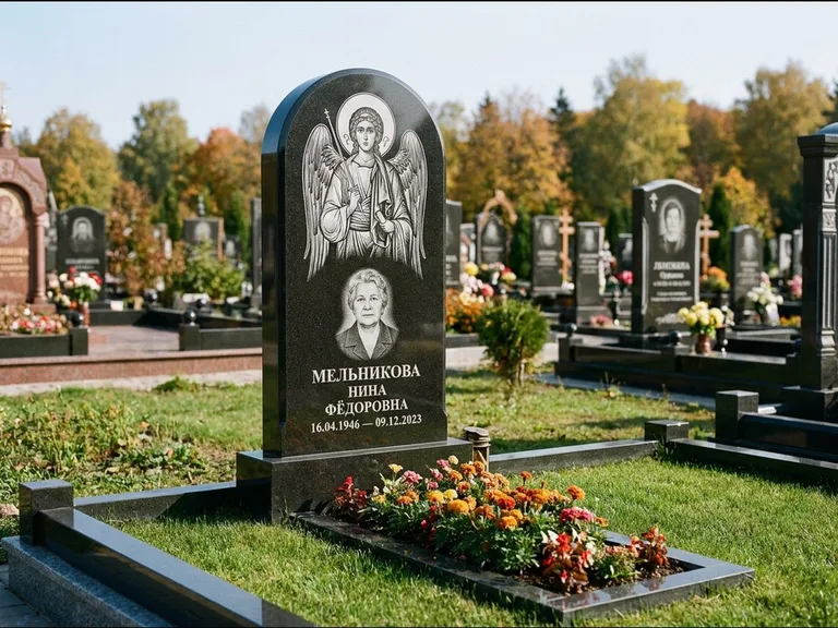 Памятник с гравировкой иконы — икона над портретом усопшего, работа «Журавлёв» в Ханты-Мансийске