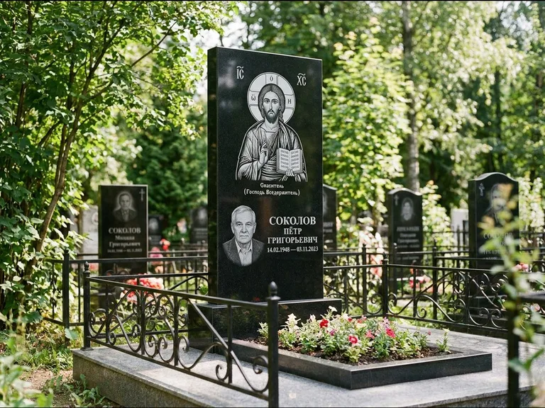 Памятник с гравировкой иконы — икона Спаса Вседержителя над именем усопшего, работа «Воронцова» в Ханты-Мансийске