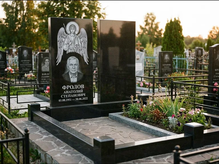 Памятник с гравировкой иконы: стела с резной рамкой вокруг иконы — Архангел Михаил на стеле, белая мраморная крошка с бордюром, работа «Богданова» в Ханты-Мансийске