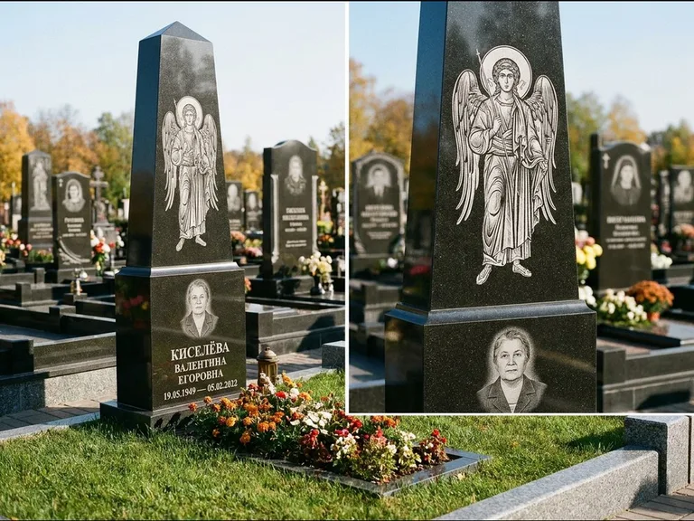 Памятник с гравировкой иконы: асимметричная скошенная стела — гравировка образа Спасителя, живая изгородь из кустарника, работа «Третьяков» в Ханты-Мансийске