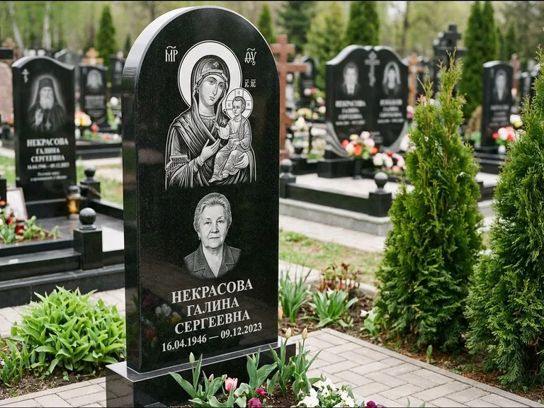 Памятник с гравировкой иконы: фигурная стела с киот-нишей под икону — икона в резной рамке-киоте, светлая гравийная отсыпка, работа «Журавлёв» в Ханты-Мансийске