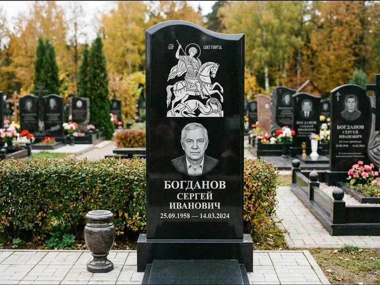 Памятник с гравировкой иконы: монументальный семейный мемориал из двух стел на общем цоколе — гравировка Николая Чудотворца, мощёная гранитная площадка без ограды, работа «Раевская» в Ханты-Мансийске