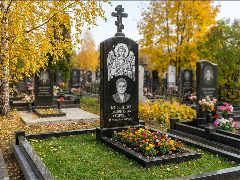 Памятник с гравировкой иконы — образ в полный рост на обороте стелы, работа «Гущин» в Ханты-Мансийске
