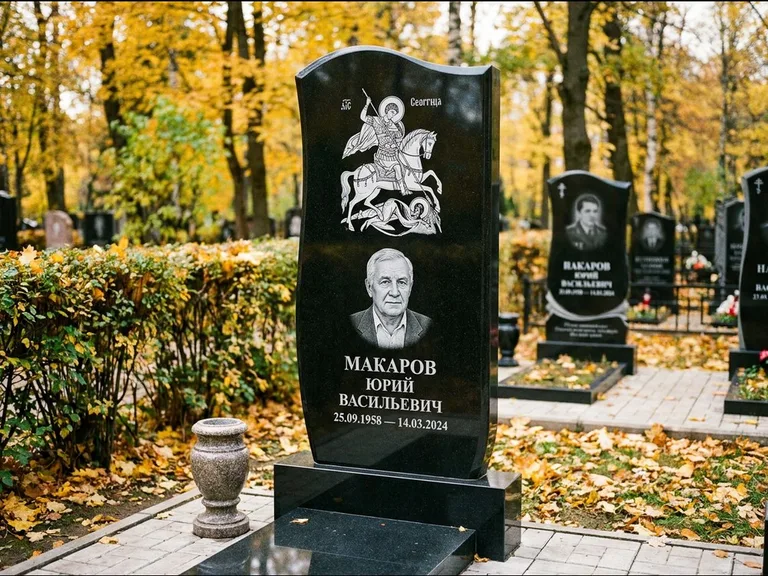 Памятник с гравировкой иконы — икона над портретом усопшего, работа «Раевская» в Ханты-Мансийске