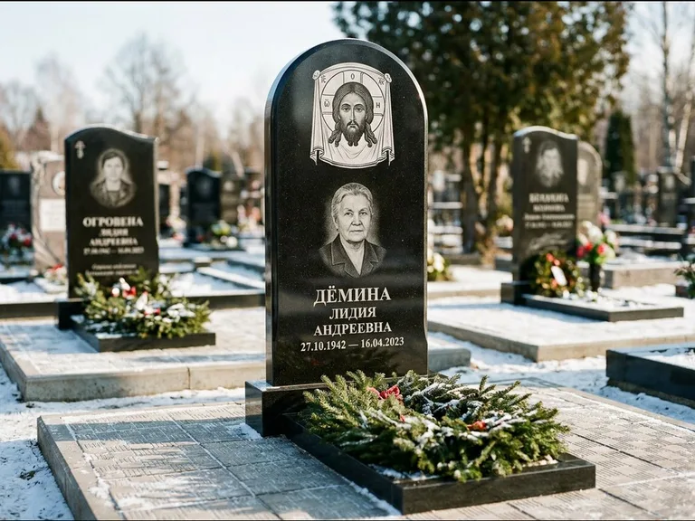 Памятник с гравировкой иконы — икона Спаса Вседержителя над именем усопшего, работа «Ковалёв» в Ханты-Мансийске