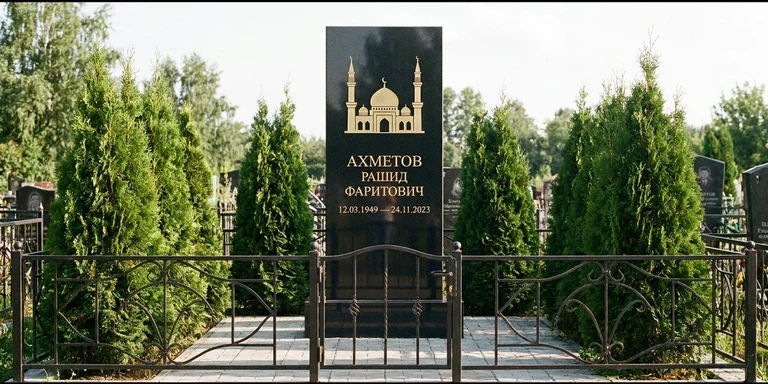 Гравировка мечети на памятник в Ханты-Мансийске — стела из чёрного гранита, оформление по канонам ислама