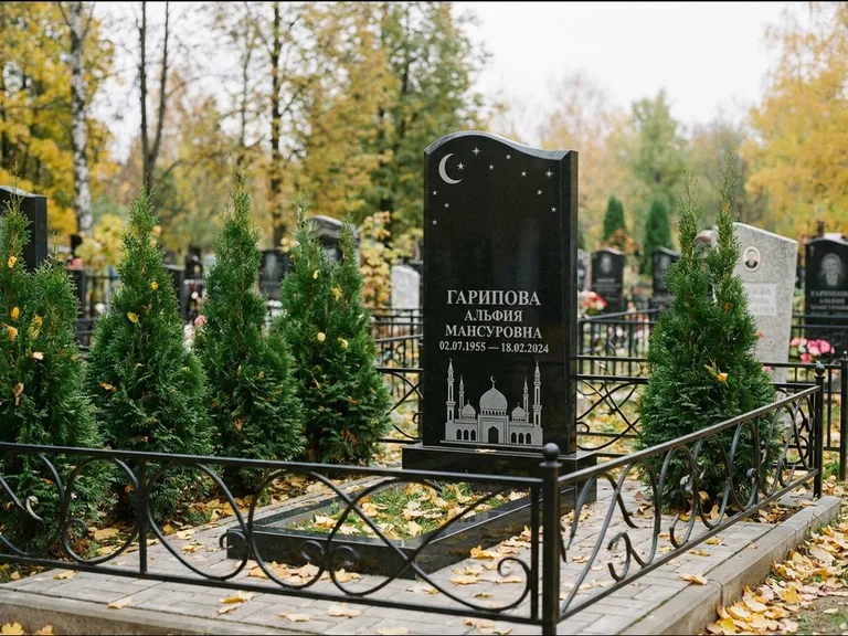 Мусульманский памятник с гравировкой мечети — мечеть с луной в ночном небе, работа «Гарипова» в Ханты-Мансийске