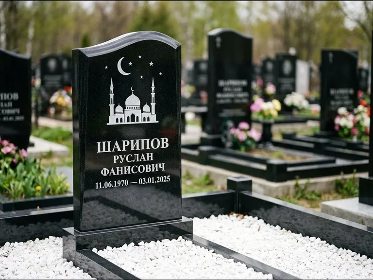 Мусульманский памятник с гравировкой мечети: стела с волнообразным скошенным верхом — гравировка мечети под полумесяцем и звёздами, белая мраморная крошка с бордюром, работа «Шарипов» в Ханты-Мансийске