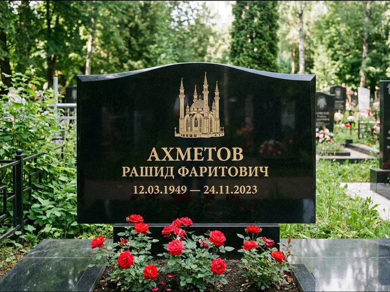 Мусульманский памятник с гравировкой мечети: широкая двойная семейная стела — золочёная гравировка мечети, цветник с красными розами, работа «Ахметов» в Ханты-Мансийске