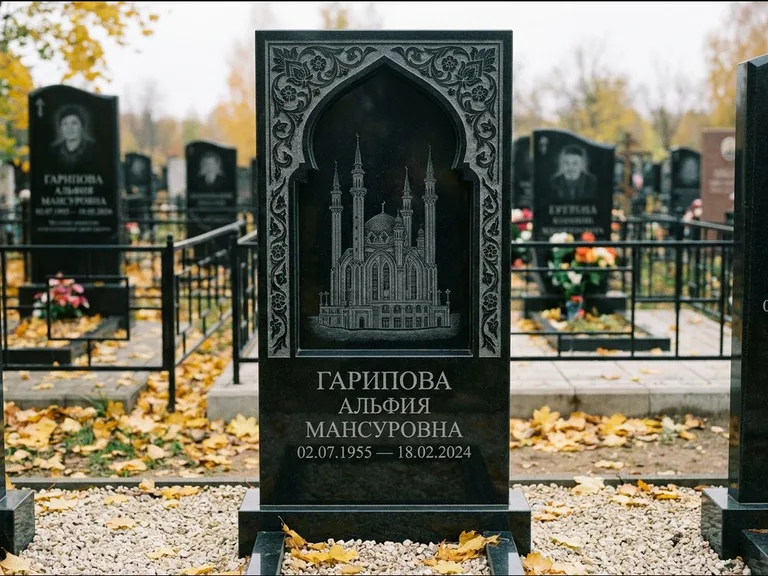 Мусульманский памятник с гравировкой мечети: фигурная стела с михраб-нишей — гравировка мечети в михраб-арке с орнаментом, светлая гравийная отсыпка, работа «Гарипова» в Ханты-Мансийске