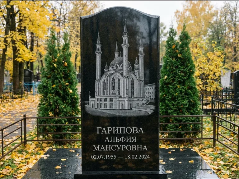 Мусульманский памятник с гравировкой мечети — мечеть Кул-Шариф на обороте стелы, работа «Гарипова» в Ханты-Мансийске