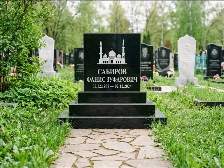 Мусульманский памятник с гравировкой мечети: ступенчатая трёхуровневая стела — золочёная гравировка мечети, дорожка из природного плитняка, работа «Юсупов» в Ханты-Мансийске