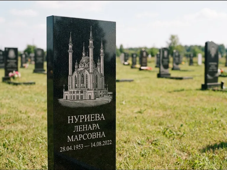 Мусульманский памятник с гравировкой мечети: узкая вертикальная стела-пилон — гравировка мечети в михраб-арке с орнаментом, открытая лужайка без ограды, работа «Хайруллина» в Ханты-Мансийске