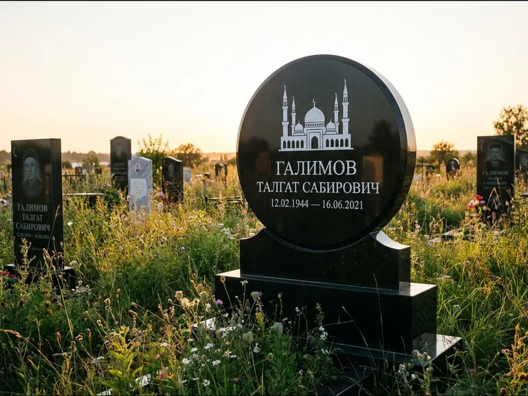 Мусульманский памятник с гравировкой мечети: округлая стела-медальон на тумбе — гравировка мечети в михраб-арке с орнаментом, луговые травы и полевые цветы, работа «Каримов» в Ханты-Мансийске