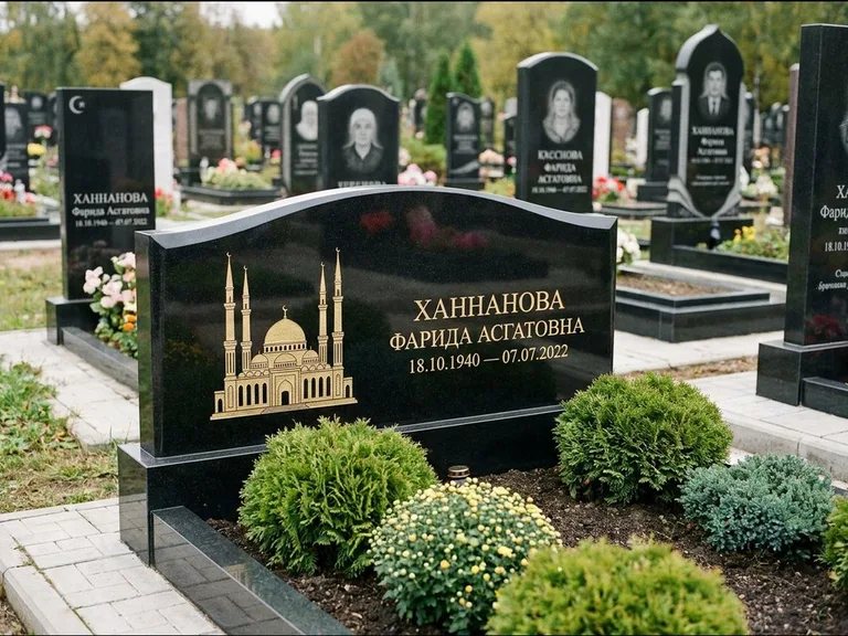Мусульманский памятник с гравировкой мечети: вытянутая горизонтальная семейная стела с аркой — белая гравировка силуэта мечети с минаретами, участок с декоративными кустами, работа «Гарипова» в Ханты-Мансийске
