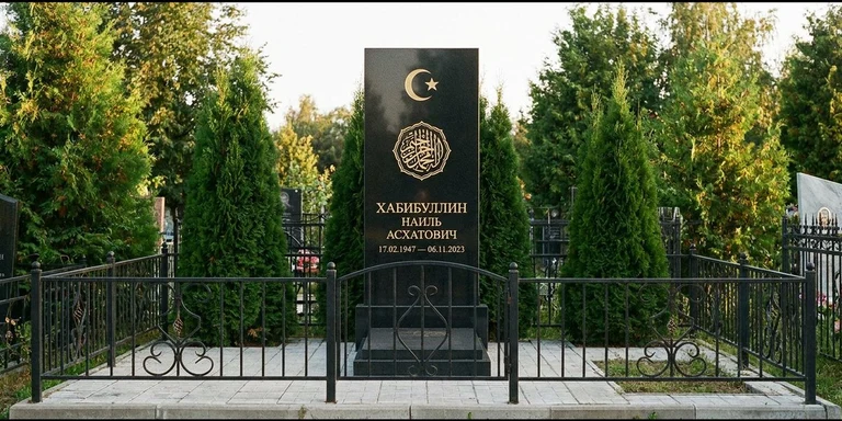 Гравировка на мусульманском памятнике в Ханты-Мансийске — стела из чёрного гранита, оформление по канонам ислама