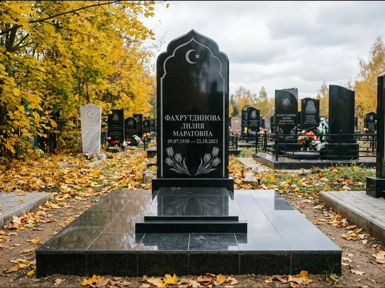 Мусульманский памятник: стела с михраб-навершием в форме арки — гравировка минарета с полумесяцем, гранитный цоколь с тёмной плиткой, работа «Фахрутдинова» в Ханты-Мансийске