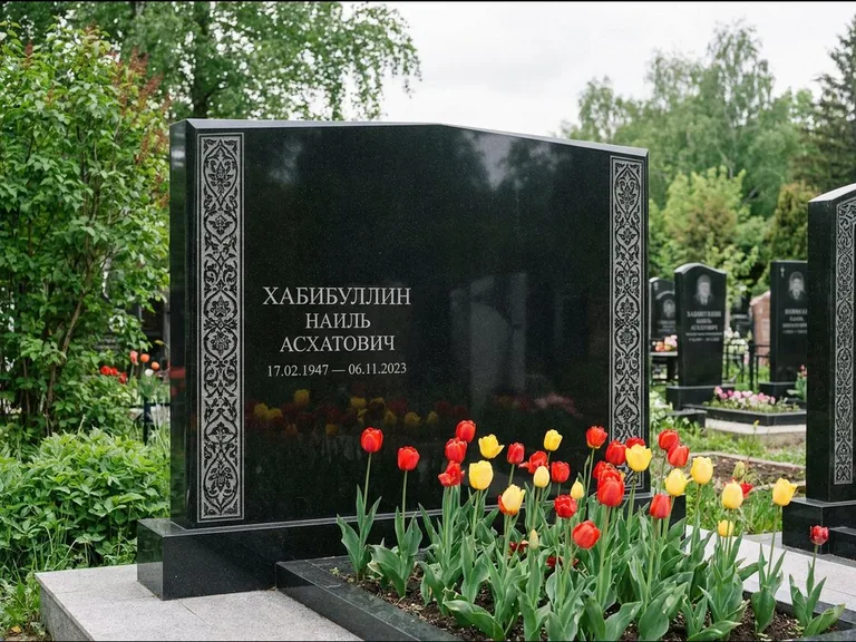 Мусульманский памятник: широкая двойная семейная стела — золочёная гравировка мечети, цветник с тюльпанами, работа «Хабибуллин» в Ханты-Мансийске