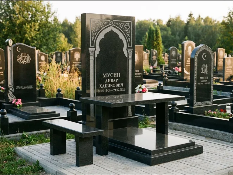 Мусульманский памятник: стела с гранитным столиком и скамьёй — гравировка мечети под полумесяцем и звёздами, семейный участок с плиткой, работа «Гимаев» в Ханты-Мансийске