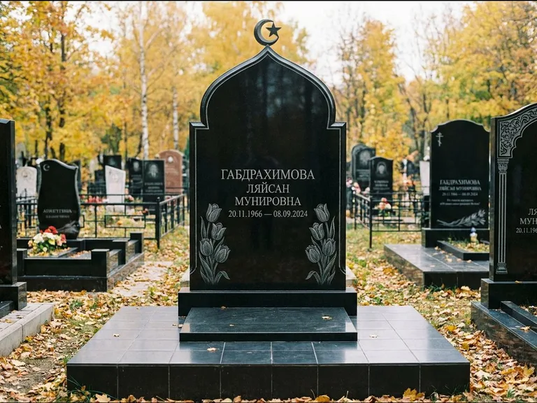 Мусульманский памятник: массивная стела с михраб-навершием — белая гравировка силуэта мечети с минаретами, цоколь тёмной плиткой, работа «Магомедова» в Ханты-Мансийске