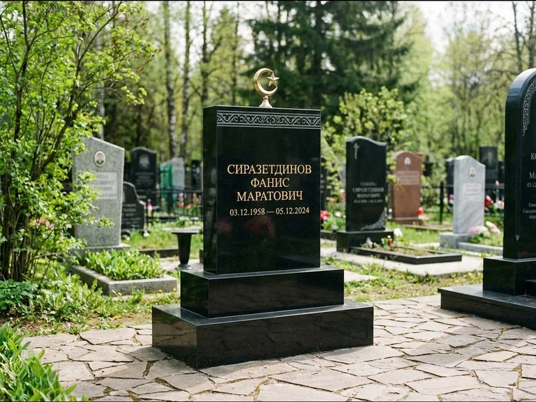 Мусульманский памятник: ступенчатая трёхуровневая стела — золочёная гравировка мечети, дорожка из природного плитняка, работа «Мустафин» в Ханты-Мансийске
