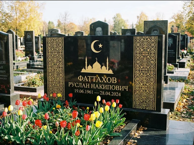Мусульманский памятник: широкая панорамная стела с золочёным орнаментом — гравировка минарета с полумесяцем, цветник с тюльпанами, работа «Сулейманов» в Ханты-Мансийске