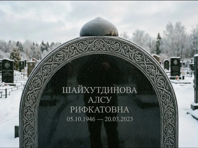 Мусульманский памятник: полукруглая стела с купольным навершием — гравировка мечети под полумесяцем и звёздами, заснеженный зимний участок, работа «Ганиева» в Ханты-Мансийске