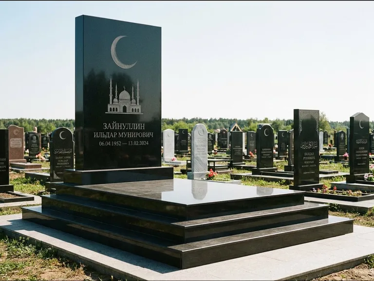 Мусульманский памятник: массивная стела на ступенчатом постаменте — гравировка мечети под полумесяцем и звёздами, гранитная площадка без ограды, работа «Хабибуллин» в Ханты-Мансийске